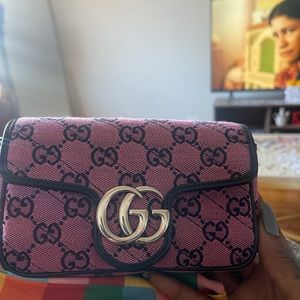Gucci Gg Marmont Small Pink Canvas Blue Leather Trim Shoulder